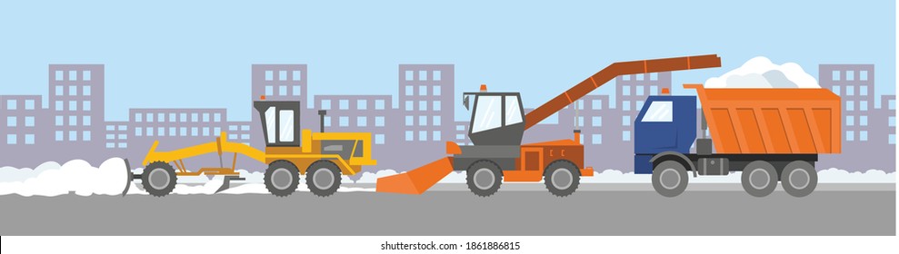 Snow removal equipment: an orange snowplow and a truck covered with snow against the backdrop of city streets. Finished illustration: the problem of snow removal and removal. Flat infographics. Vector