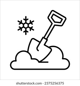 Snow removal flat line icon, Snow and shovel icon in black outline icon, vector illustration on white background