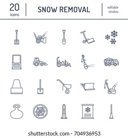 Snow removal flat line icons. Ice relocation service signs. Cold weather equipment - thrower, blower, truck, front loader, shovel. Vector illustration, industrial cleaning symbols.