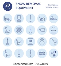 Snow removal flat line icons. Ice relocation service signs. Cold weather equipment - thrower, blower, truck, front loader, shovel. Vector illustration, industrial cleaning symbols.