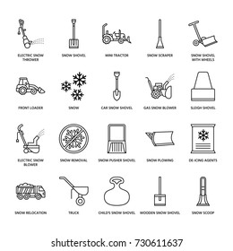 Snow removal flat line icons. Ice relocation service signs. Cold weather equipment - thrower, blower, truck, front loader, shovel. Vector illustration, industrial cleaning symbols.