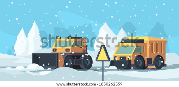 Snow removal. Heavy trucks cleaning\
urban road from snowstorm vector cartoon\
background