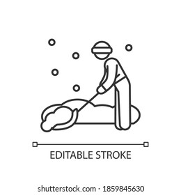 Snow removal job linear icon. Snow plow operator. Clearing residential streets or trails. Thin line customizable illustration. Contour symbol. Vector isolated outline drawing. Editable stroke