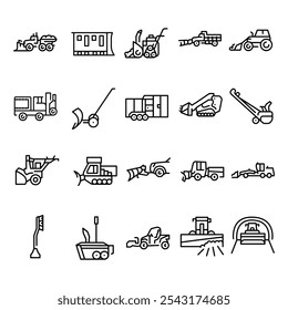 Snow removal machine black line icons set. Editable stroke.