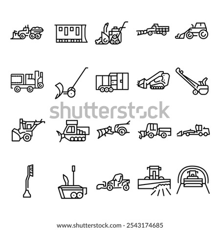Snow removal machine black line icons set. Editable stroke.