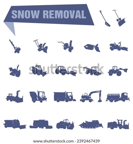 Snow removal machines from simple to complex. Snow removal. Vector illustration, symbols of industrial cleaning. EPS 10.