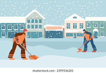 Remoción de nieve. Hombre y mujer quitan hielo y deriva de nieve con palas, gente limpiando la calle cubierta de nieve después de ventisca. Ilustración vectorial plana