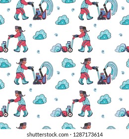 Snow removal seamless pattern, in doodle style. Finr for wrapping paper, stationery and backgrounds.