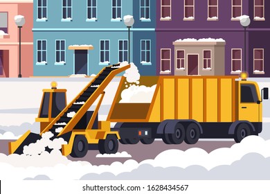 Snow removal street and road process. Winter highway service. Bulldozer, lorry, dump truck. Professional cleaning vehicle with conveyor belt, snow blower. Vector snowy cityscape illustration