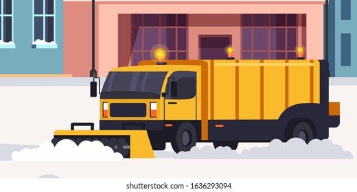 Snow removal street and road process. Winter highway service. Bulldozer, lorry, dump truck. Professional cleaning vehicle with conveyor belt, snow blower. Vector snowy cityscape illustration