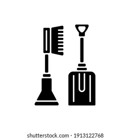 Snow removal tools black glyph icon. Instruments for helping you to clean your car. Winter automobile services. Remove ice and snow. Silhouette symbol on white space. Vector isolated illustration