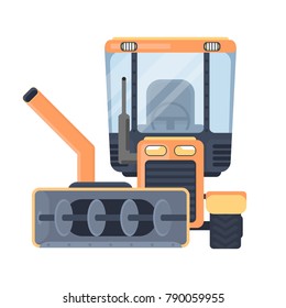 Snow removal tractor or machine for highway service. Snow grooming vehicle. Flat vector illustration.