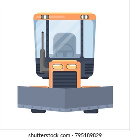 Snow removal tractor or machine for highway service. Snow grooming vehicle. Flat vector illustration.