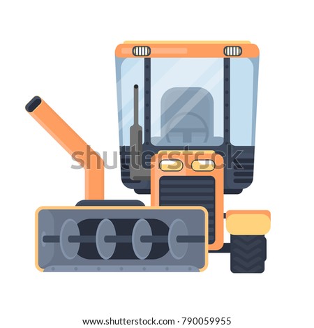 Snow removal tractor or machine for highway service. Snow grooming vehicle. Flat vector illustration.