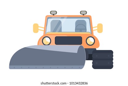 Snow removal truck or machine for highway service. Snow grooming car. Cross-country vehicle with plow equipment. Flat vector illustration.