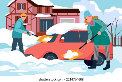 Ilustración vectorial de eliminación de nieve. Hombre y mujer de caricatura quitan hielo y deriva de nieve con palas, gente limpiando auto y calle cubierta de nieve luego de un fondo ventilado. Concepto de obras de invierno