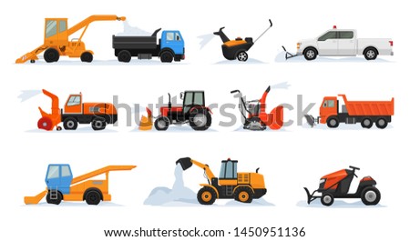 Snow removal vector winter vehicle excavator bulldozer cleaning removing snow illustration snowy set of snowplow equipment tractor truck snowblower transportation isolated on white background
