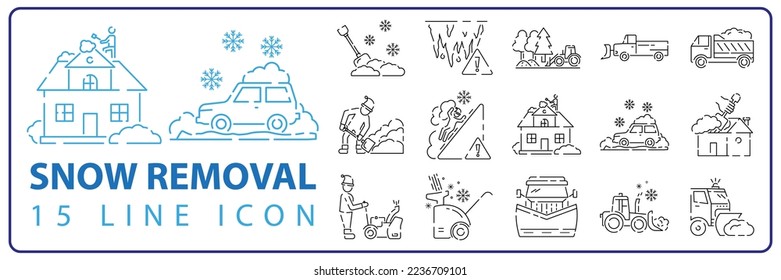 Eliminación de nieve Vacaciones de invierno servicio iconos lineales establecidos. Navidad. Neumáticos rellenos para auto. Símbolos de contorno de línea delgada personalizables