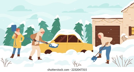 Snow removal in winter snowstorm and cold weather vector illustration. Cartoon people with shovels cleaning car covered with snow in snowy yard near garage, stuck automobile buried with snowdrift