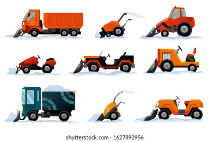 Snow removers. Road works. Set of snowplow