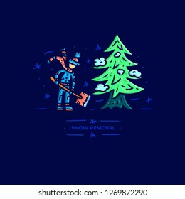 Snow removing. Man with shovel. Vector illustration