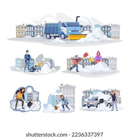 Snow removing scenes in the city. Worker, man, woman, children cleaning road, car from the snow. Snowplow removing snow from the road. Set of illustrations. Snowdrifts on the sidewalk. 