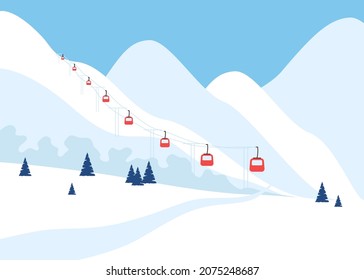 Complejo de nieve en montaña con ascensor, paisaje de laderas de invierno. Estilo de vida saludable, recreación al aire libre, deporte. Ilustración del vector