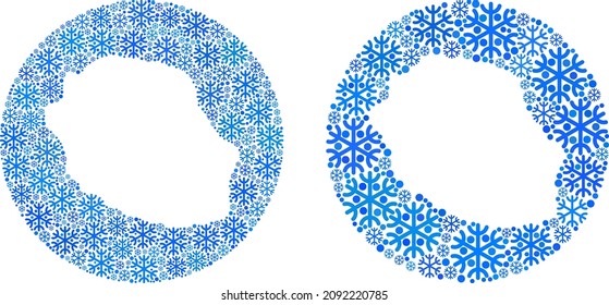 Snow Reunion Island map mosaic designed with circle and stencil. Vector Reunion Island map collage of snow items in different sizes and blue color tinges. Designed for New Year promotion.