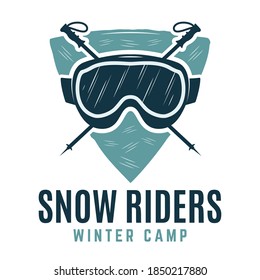 Snow riders winter snowboard camp logo, retro ski adventure emblem design with goggles mask. Unusual vintage art retro style sticker. Stock vector badge art