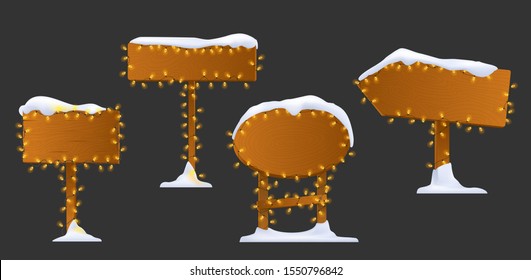 Snow road signs. Wooden christmas direction arrows with snowy caps christmas signage north pole adventure vector pictures. Illustration of wood plank and wooden billboard arrows