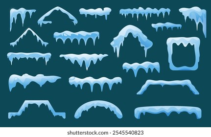 Snow roof cape. Snowfall winter snowdrift border frame collection, snowball pile and frozen peak icy edge. Vector cartoon set.