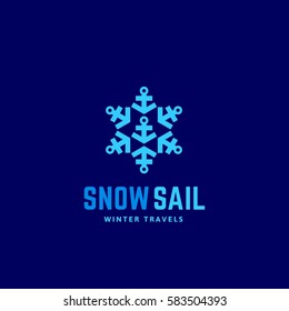 Snow Sail Winter Travels Abstract Vector Sign, Emblem or Logo Template. Snowflake Symbol made of Anchors. Creative Identity Concept on Blue Background.