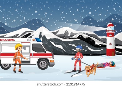 Snow scene with firerman rescue in cartoon style illustration