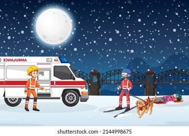 Snow scene with firerman rescue in cartoon style illustration