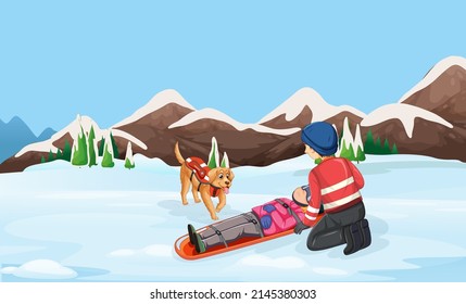 Snow scene with firerman rescue in cartoon style illustration