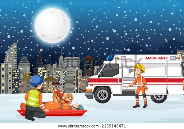 Snow scene with firerman rescue in cartoon\
style illustration