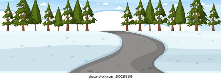 Snow scene road through the park horizontal landscape illustration