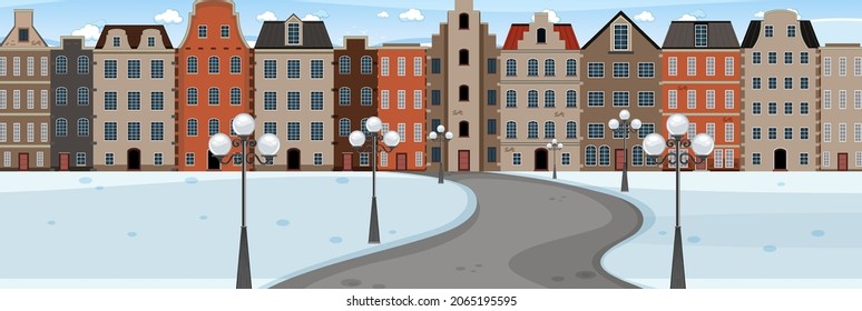 Snow scene road through the park into the town horizontal landscape illustration