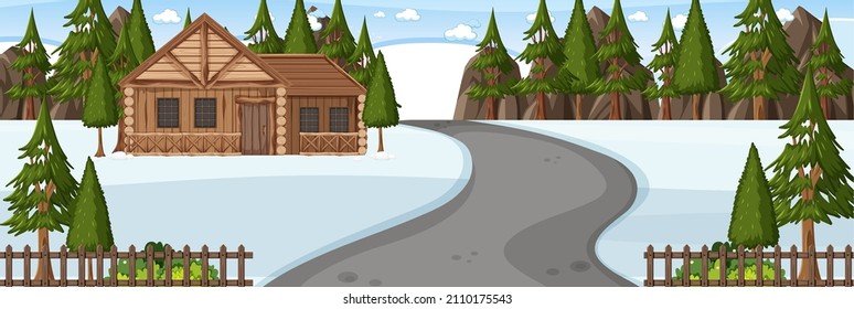 Snow scene road through the park into the house horizontal landscape illustration