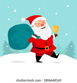 Snow scene with santa claus carrying bag and jingle bell on forest background. Vector illustration for christmas greeting cards design