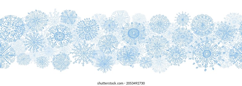 Snow Seamless Border with different hand drawn doodle snowflakes on white background. 