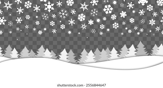snow seamless border. A lot of snowflakes randomly fall above, snowdrifts and fir trees from below. isolated on a checkered background. vector element for background, cards, greetings, header website