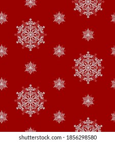 Snow seamless pattern. White repeated snowflakes on red background. Kaleidoscope Christmas ornament. Vector holiday illustration for wrapping paper, textile, fabric and backdrop