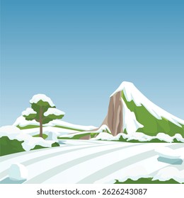 Sinal ou cartaz quadrado da estação da neve. ondulando colinas e rolando prados árvores proeminentes. Altas montanhas com penhascos sob o céu azul e nuvens brancas.