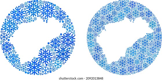 Snow Segovia Province map collage is designed with circle and stencil. Vector Segovia Province map collage of snow parts in various sizes and blue color hues. Designed for Christmas purposes.
