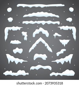 Snow Set Caps Collection Vector, Snowball, Snow Pile, Snowflake, Snowfall. Winter Decoration. Cartoon Template For Your Design. Illustration.