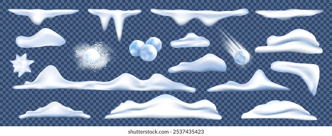 Schneesatz, Schneeball Schneekappe realistische einzelne Elemente. Bodenschneeverwehungen, Schmelzenberg, Eiszapfen und Schneeflocken, gefrorene Oberfläche. Winterwolkenpulverlandschaft. Weißer wellenförmiger Gletscher. 3D-Vektorkappen-Set