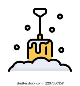 Snow shovel icon. Filled outline design. Snow shovel isolated on white background. Yellow shovel in fluffy white snow. For presentation, graphic design. Vector Illustration.