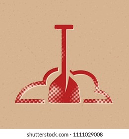 Snow and shovel icon in halftone style. Grunge background vector illustration.