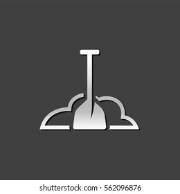 Snow and shovel icon in metallic grey color style.Winter cleaning